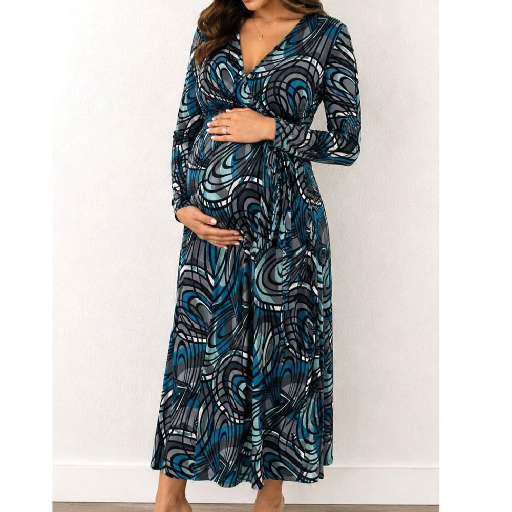 Liz Lange Maternity Wrap Maxi Dress Large Blue Abstract Print